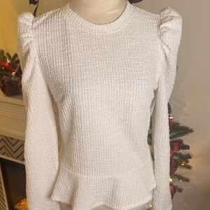 Nine West White Textured Peplum Blouse with Silver Metallic Thread Throughout